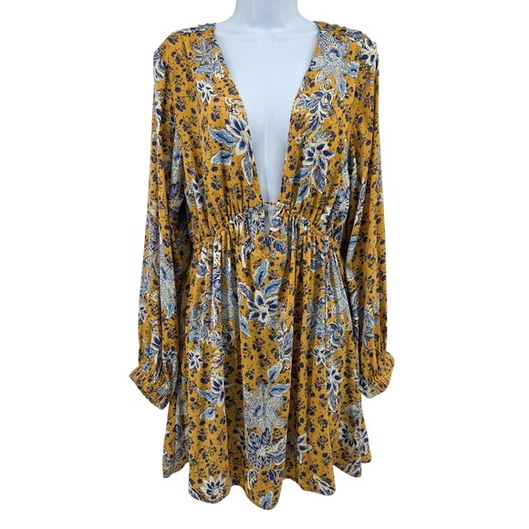 Free People Dresses & Skirts - Free People Soli Plunge Neck Yellow Floral Long Sleeve Mini Dress Pockets Size L